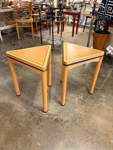 Triangular postmodern birdseye maple tables -a pair