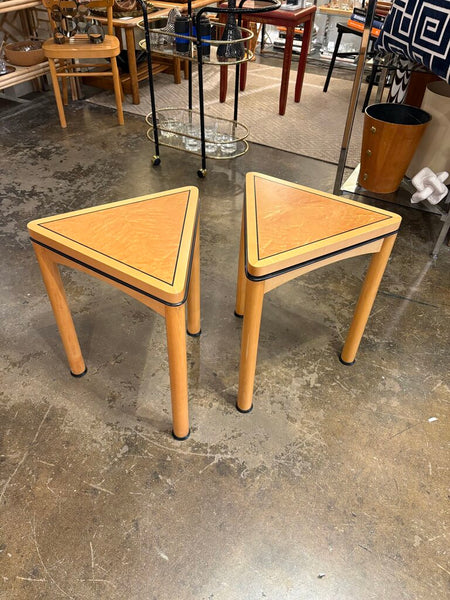 Triangular postmodern birdseye maple tables -a pair