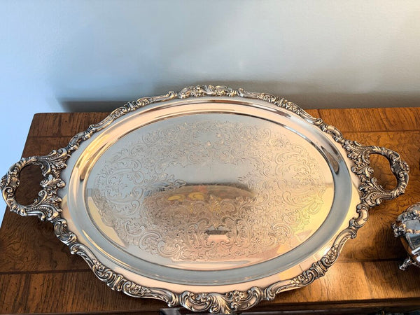 Fabulous vintage Wallace "Baroque" silver plate 5 piece coffee service with approx 24x15 handled tray, coffee pot, sugar with lid and creamer