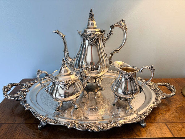 Fabulous vintage Wallace "Baroque" silver plate 5 piece coffee service with approx 24x15 handled tray, coffee pot, sugar with lid and creamer