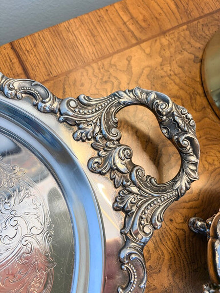 Fabulous vintage Wallace "Baroque" silver plate 5 piece coffee service with approx 24x15 handled tray, coffee pot, sugar with lid and creamer