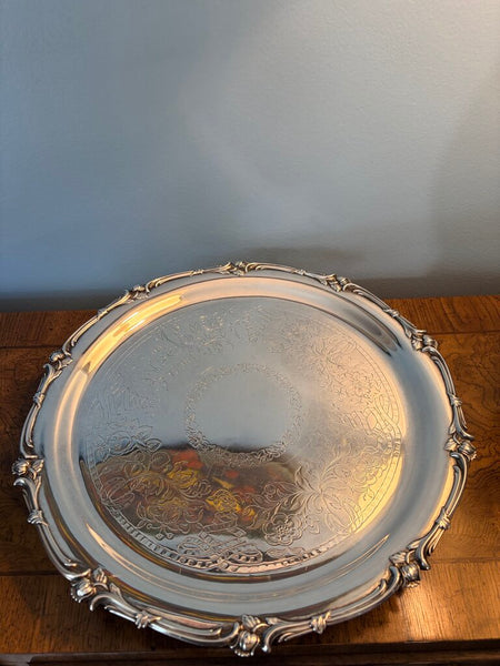 Footed vintage floral silverplate tray 14.5 inch approx