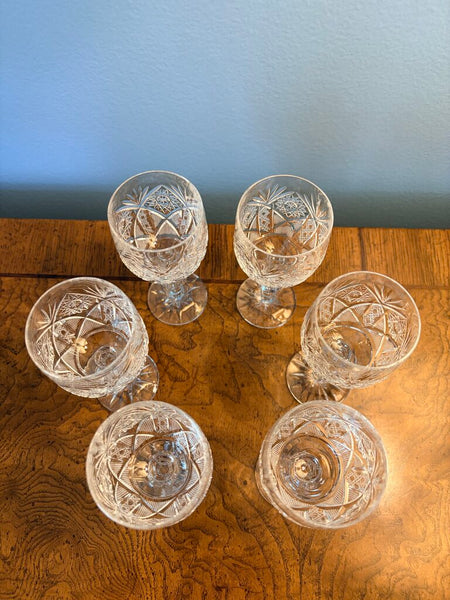 Set of 6 Bohemian leaded cut glass crystal port glasses