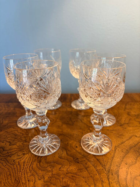 Set of 6 Bohemian leaded cut glass crystal port glasses