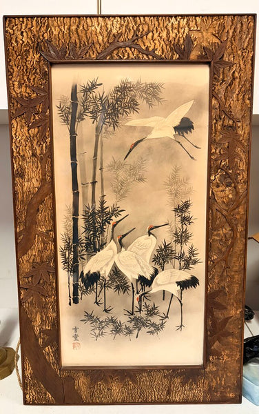 Antique crane print on rice paper signed turn of the century approximately 24.5 x 14.5