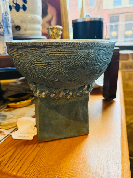 Light blue signed pottery compote 10T9D