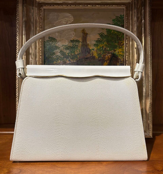 FAUX SNAKESKIN BAG W/ SCALLOPED BRASS CLASP, SILK LINING & SILK COIN POUCH