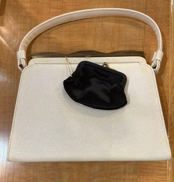 FAUX SNAKESKIN BAG W/ SCALLOPED BRASS CLASP, SILK LINING & SILK COIN POUCH