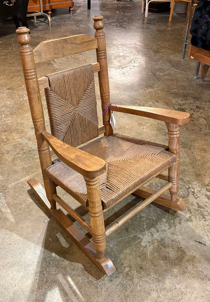 CHILDREN'S WOODEN ROCKING CHAIR WITH RUSH BACK AND SEAT |