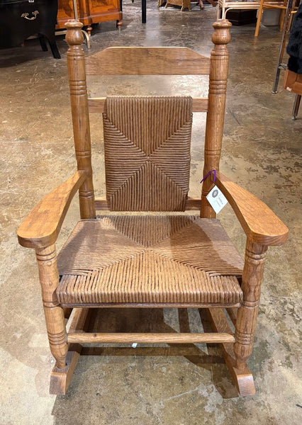 CHILDREN'S WOODEN ROCKING CHAIR WITH RUSH BACK AND SEAT |