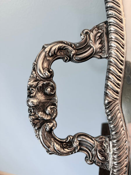 Sheridan Silver Co vintage, heavy and ornate silver on copper massive handled serving tray approx 27.5x16.5 for pick up only