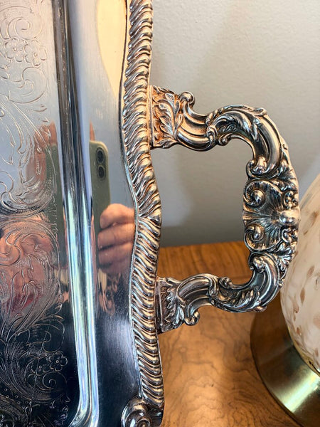 Sheridan Silver Co vintage, heavy and ornate silver on copper massive handled serving tray approx 27.5x16.5 for pick up only