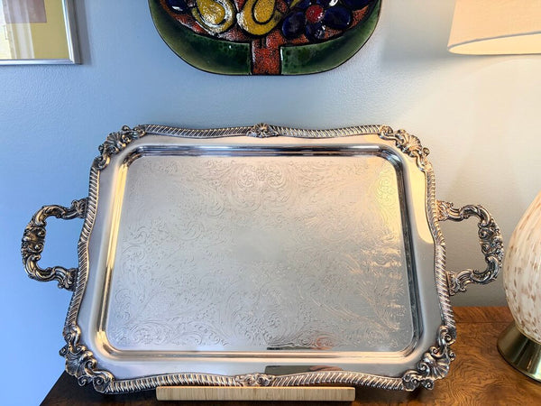Sheridan Silver Co vintage, heavy and ornate silver on copper massive handled serving tray approx 27.5x16.5 for pick up only