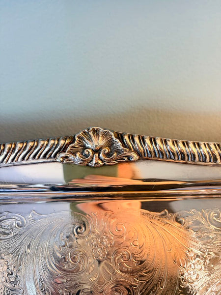 Sheridan Silver Co vintage, heavy and ornate silver on copper massive handled serving tray approx 27.5x16.5 for pick up only