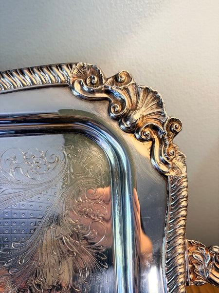 Sheridan Silver Co vintage, heavy and ornate silver on copper massive handled serving tray approx 27.5x16.5 for pick up only