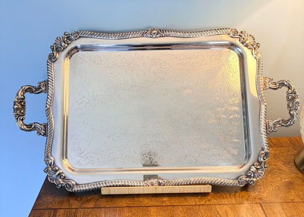 Sheridan Silver Co vintage, heavy and ornate silver on copper massive handled serving tray approx 27.5x16.5 for pick up only