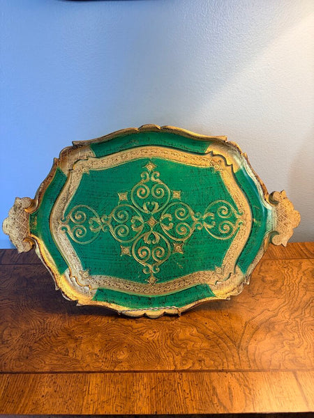 Vintage green and gold Italian Florentine tray approx 17.5x11.5