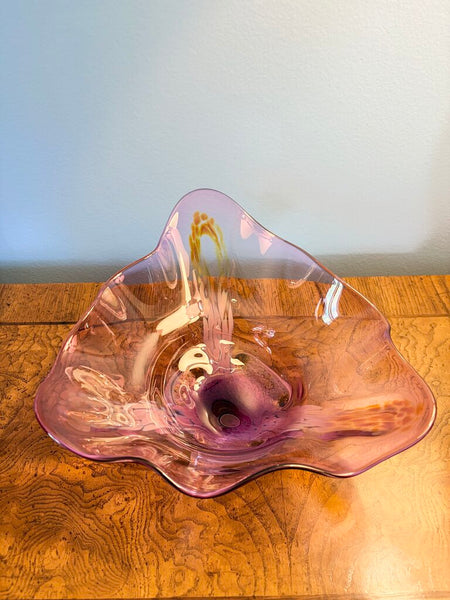 Triangular shape footed hand blown art glass bowl