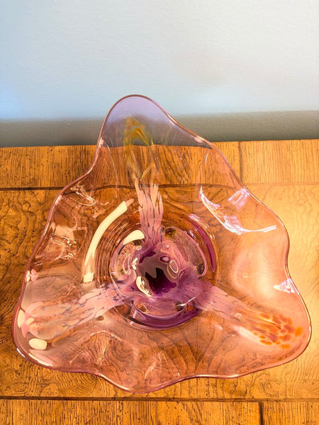 Triangular shape footed hand blown art glass bowl