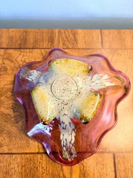 Triangular shape footed hand blown art glass bowl