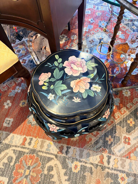 Vintage black laquer carved chinoiserie drum table or stool