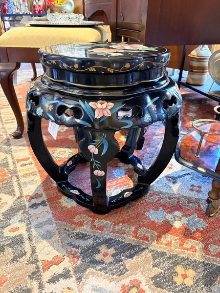 Vintage black laquer carved chinoiserie drum table or stool