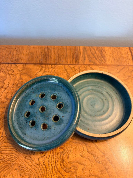 Vintage Art pottery, two-piece flower frog signed