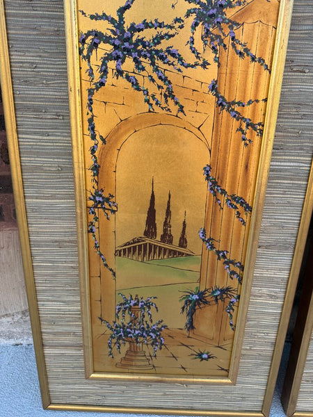 Pair gold grass cloth MCM panel screens 38T 20W