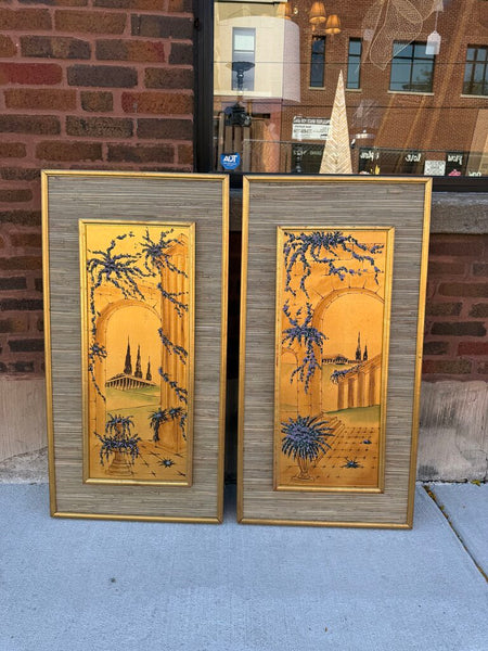 Pair gold grass cloth MCM panel screens 38T 20W