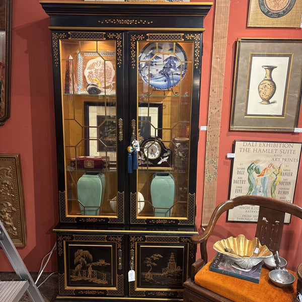 Asian Cabinet with glass shelves- 2 separate pieces/ top and bottom . In store pick up only 80 tall, 40 W, 14Deep