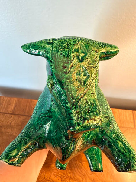 Large Aldo Londi for Bitossi green pottery bull-old chip on 1 ear-for pick up only