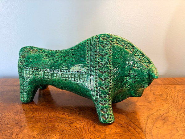 Large Aldo Londi for Bitossi green pottery bull-old chip on 1 ear-for pick up only