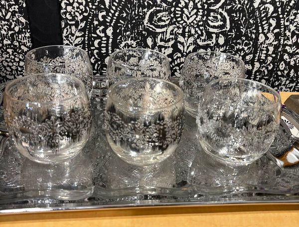 MID CENTURY DOROTHY THORPE ATOMIC SPLASH ROLY POLY GLASSES - SET OF SIX