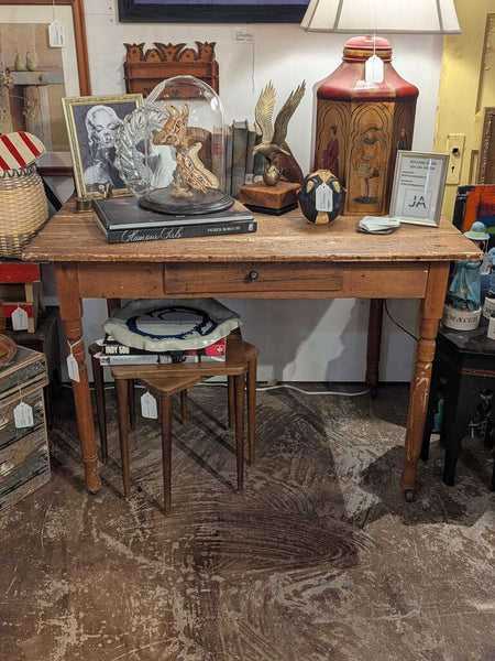 LSBJ - Antique Farmhouse Table on Casters w/ Drawer, dims: 40.75"Wx27.5"Dx29.25"H IN-STORE PICKUP ONLY