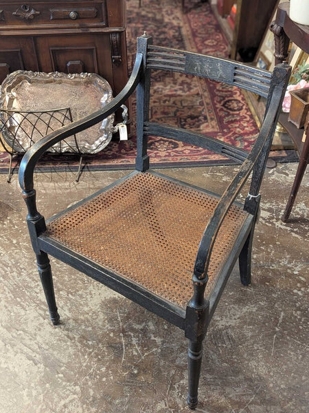 LSBJ - Antique Neo-Classic Ebony Caned Armchair, dims: 20.5"Wx17"Dx31"H Seat H 15.25" Arm H 24.75"