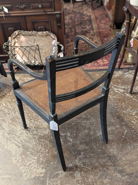LSBJ - Antique Neo-Classic Ebony Caned Armchair, dims: 20.5"Wx17"Dx31"H Seat H 15.25" Arm H 24.75"