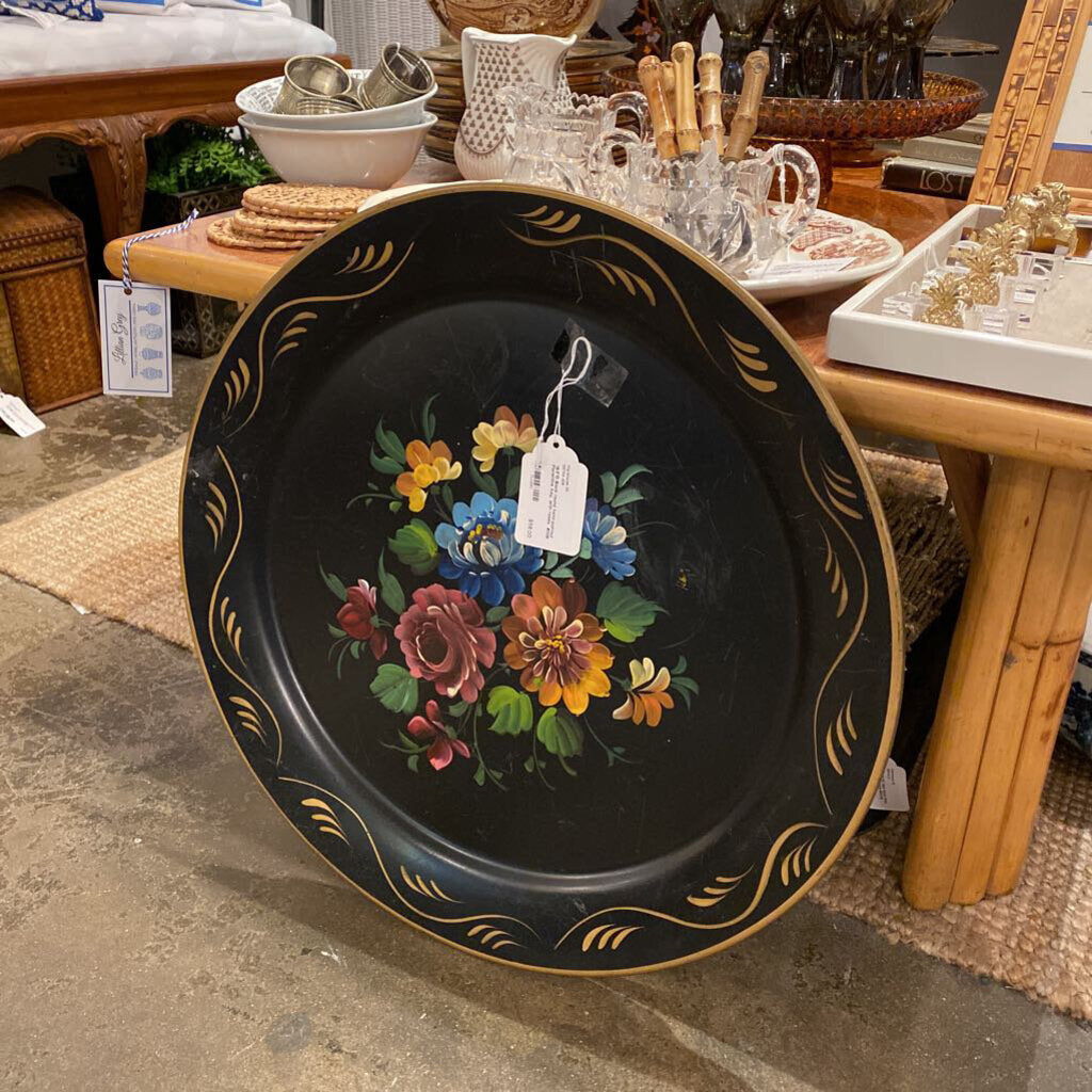 19.5"D Black round hand-painted Florentine tray, with roses #008