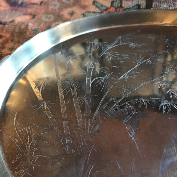 Asian Etched Brass Tray with Handles