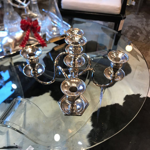 Early 1900's silver plated 5 candle candelabra. Inserts have been resilvered. Note on bottom purchased for 25th anniversary 1900