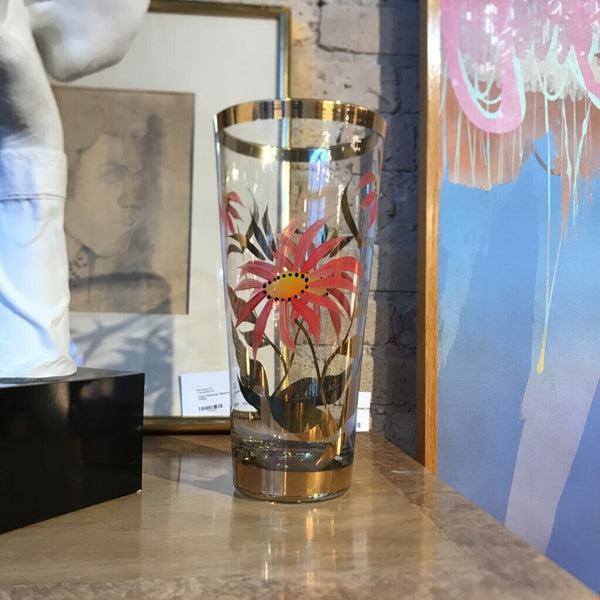 Glass floral painted vase with gold bands