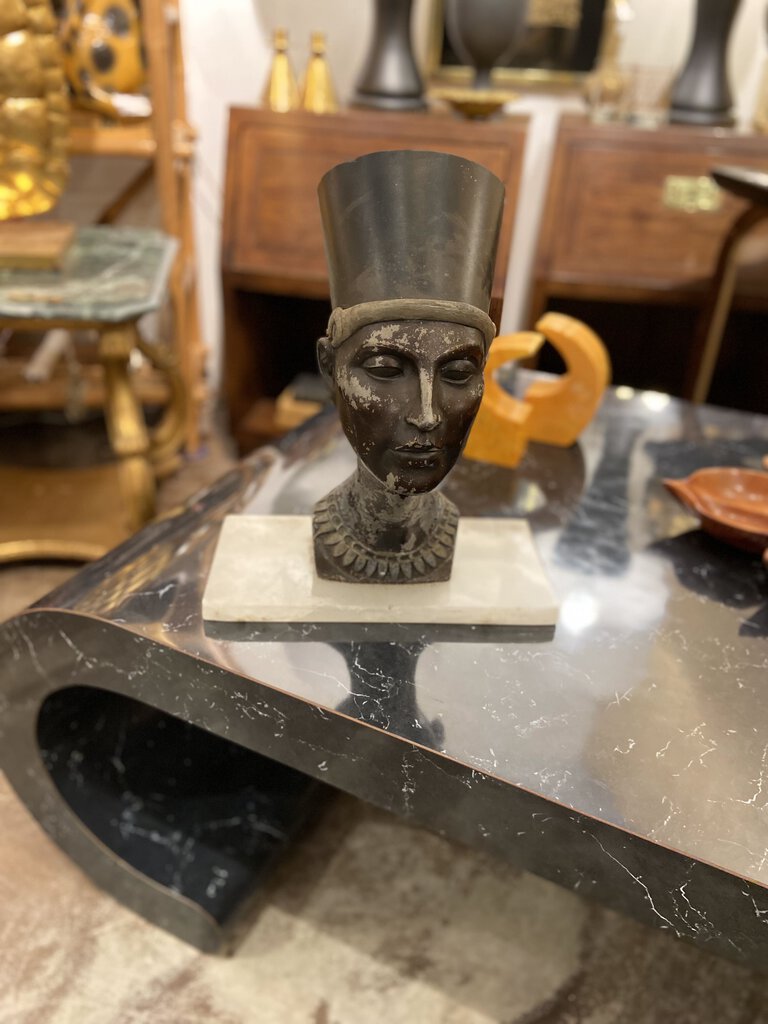 Antique Nefertiti metal torchiere bust mounted in marble