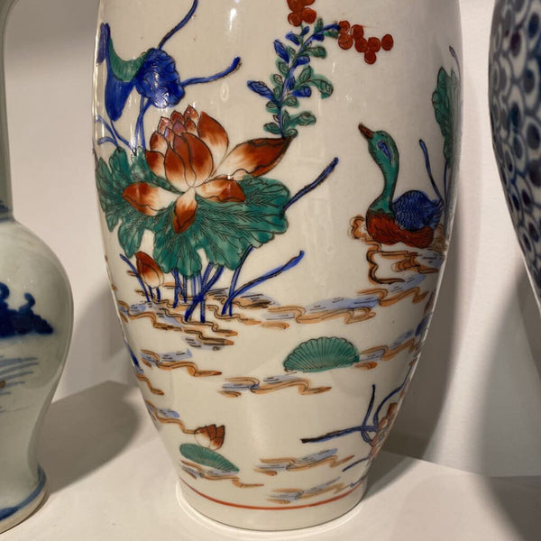 Vintage Red/Green/Cobalt Japanese Porcelain Vase, 14.5" Tall- Pristine #001
