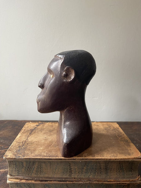 African hand carved wooden bust of man 7x4x3in