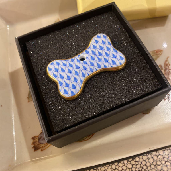 Herend Fishnet Dog/Cat Collar Bone Tag, 2.5” Wide Blue