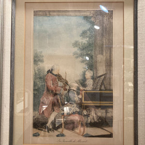 Framed hand colored embossed print of Louis Carrogis de Carmontelles La Famille de Mozart 20.75x17