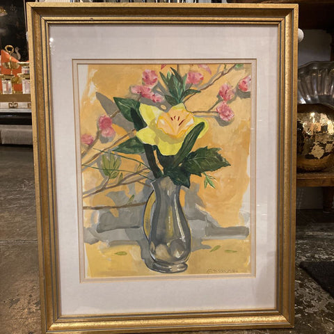 Signed Peter Butterfield Daffodil in vase gold framed painting 19.5x15.5in