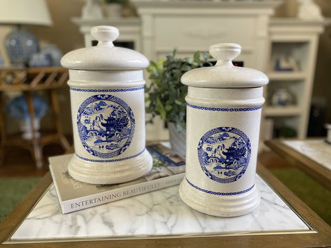 Vintage Pair (2) Blue Willow Kitchen Cannisters, 13, 12" Tall - Pristine Condition! #001