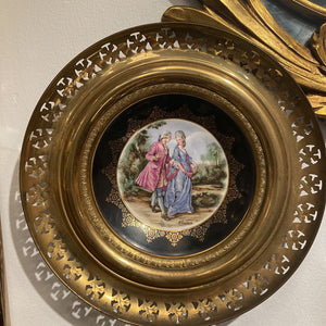 vintage circular brass framed regency bone china wall plate made in England
