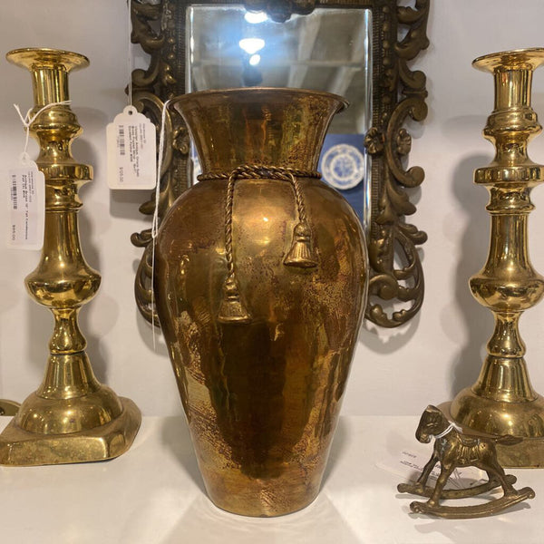 Vintage Brass, 10" Urn/Vase With Bow Detail, 17.4" Around - Great Patina! #001