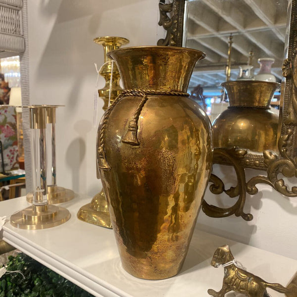 Vintage Brass, 10" Urn/Vase With Bow Detail, 17.4" Around - Great Patina! #001